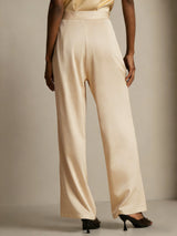 [Champagne] High-waist wide leg silk pants in cream with pleated front and tailored drape 002