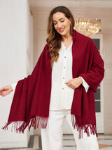 [Wine] wine red rectangular shawl with fringed edges, styled front view, one side extended outward to show the width. 001