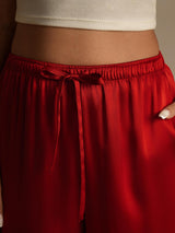 [Wine] Red mulberry silk wide leg pants with elastic drawstring waist and flowing silhouette 007
