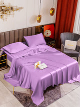 [Lavender] Lavender silk bedding set with fitted sheet, flat sheet and pillowcases on modern bed 001