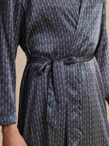 [Navy Ginkgo] Men's navy silk robe with ginkgo print and belted waist 006