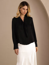 [Black] SilkSilky Long Sleeve Tie Neck Women's Blouse 001