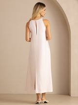 [Light Pink] Full-length back view of a silk midi dress with scoop neck, gathered waist, and side pockets in light blush pink 002