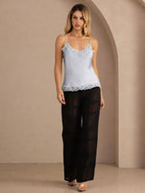 [Grayish Blue] Pale blue lace-trim V-neck camisole top on a model in a full-body front view with arms relaxed and feet close together. 007