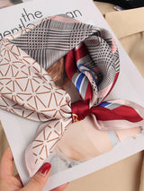 [P037] Printed mulberry silk square scarf with red, black and beige geometric patterns 001