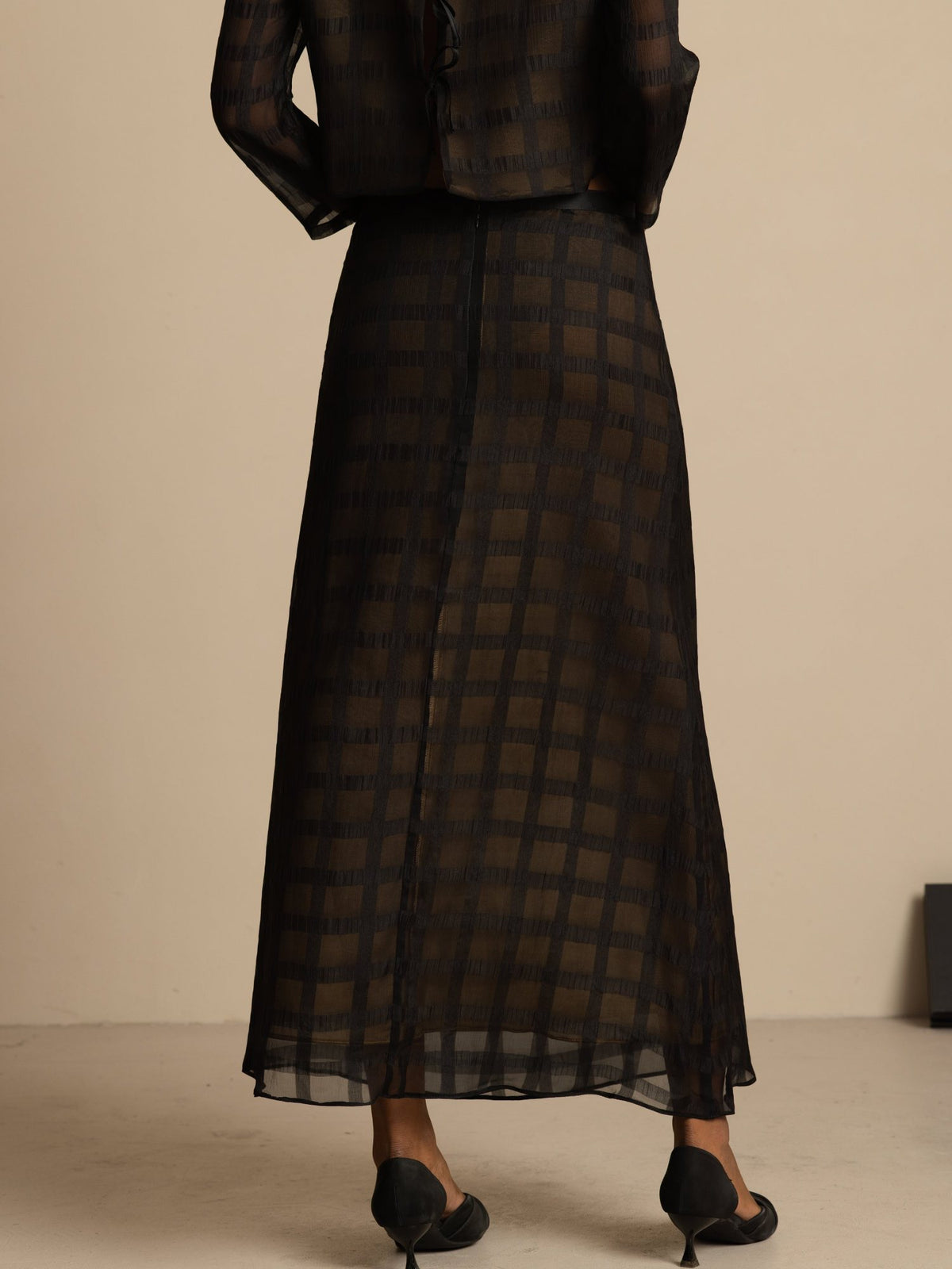 Black textured grid silk A-line high-waist midi skirt with back zipper