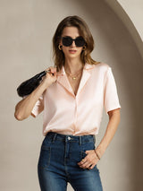 [Pink] SilkSilky  Short Sleeve Lapel Collar Women's Shirts 003
