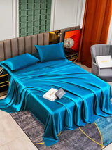 [Teal] Bright blue mulberry silk sheet set with matching pillowcases and SilkSilky boxes 005