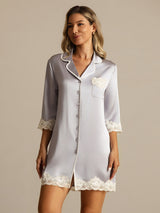 [Lavender] SilkSilky  Half Sleeve Lapel Collar Nightshirt 009
