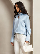 [Grayish Blue] SilkSilky  Long Sleeve Keyhole Neck Women's Blouse 007
