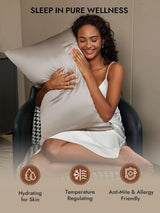 [Gray] Silky beige pillowcase with woman hugging pillow, Sleep in Pure Wellness text 005