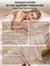 Woman sleeping on pink silk pillowcase and bedding with customer review overlay