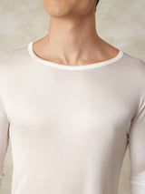 [White] Men's ivory silk jersey long john top with crew neck and slim fit 004