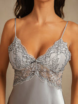 [Grayish Blue] SilkSilky  Spaghetti Strap Deep V Neck Nightgown 005