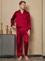 [Red] Men's burgundy mulberry silk pajama set with long-sleeve notch collar and button-up top 003