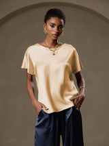 [Champagne] Model wearing champagne silk boat neck short sleeve loose fit top 008