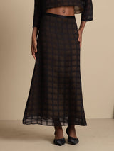 Black textured grid silk A-line high-waist tea-length skirt with layered sheer finish