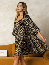 [Leopard] 100% Mulberry silk leopard print nightgown and matching robe on model 004