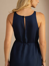 [Dark Blue] Close back view of a mulberry silk sleeveless scoop-neck midi dress with gathered waist and side pockets in navy blue 006