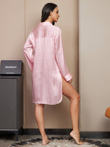 [Pink] SilkSilky  Long Sleeve Lapel Collar Nightshirt 002