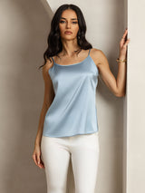 [Grayish Blue] Light blue silk spaghetti strap camisole with round neck and fitted silhouette 004