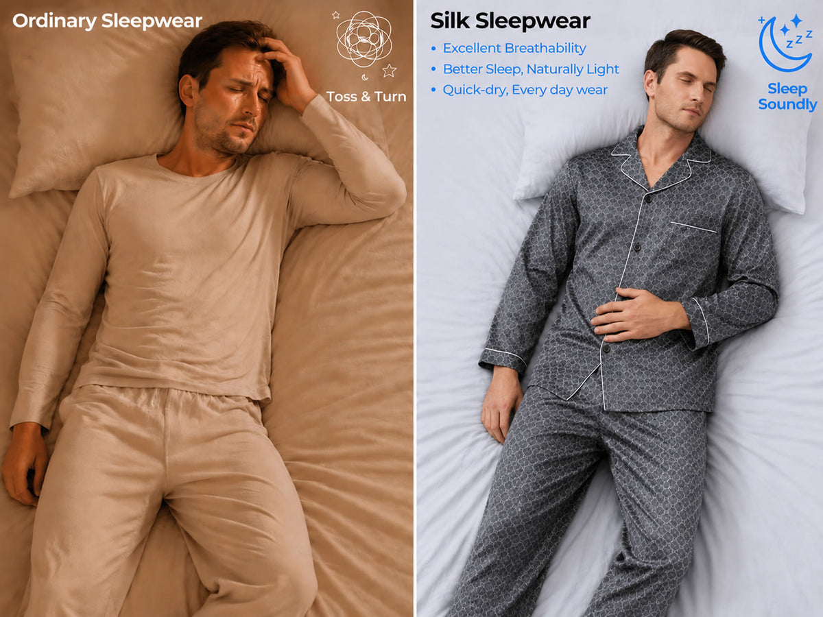 100% Mulberry Silk Ginkgo Print Long Sleeve Men's Pajamas Set With Pants - Detail 1