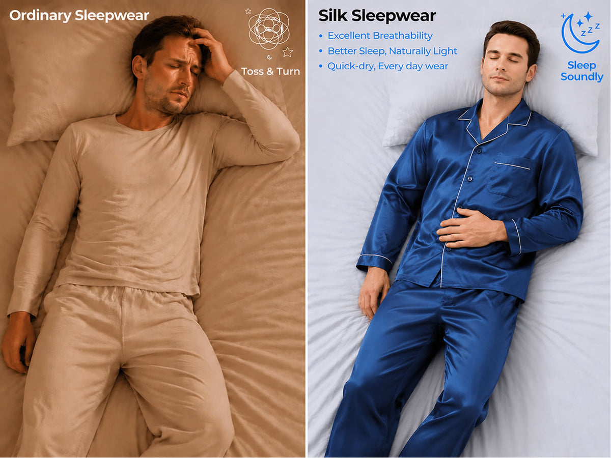 100% Mulberry Silk Long Sleeve Men's Pajamas Set - Detail 1