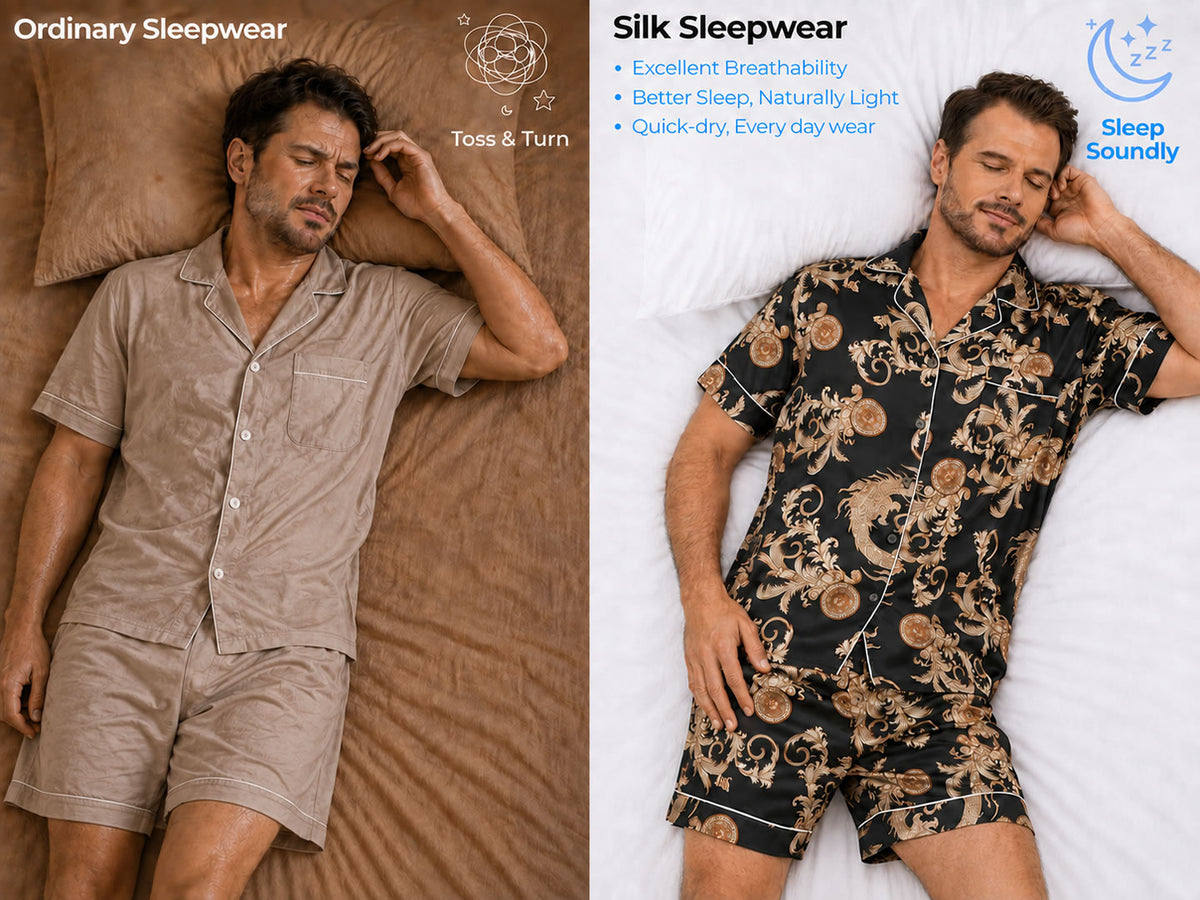 100% Mulberry Silk Men's Dragon Print  Short Sleeve Lapel Collar Pajamas Set - Detail 1