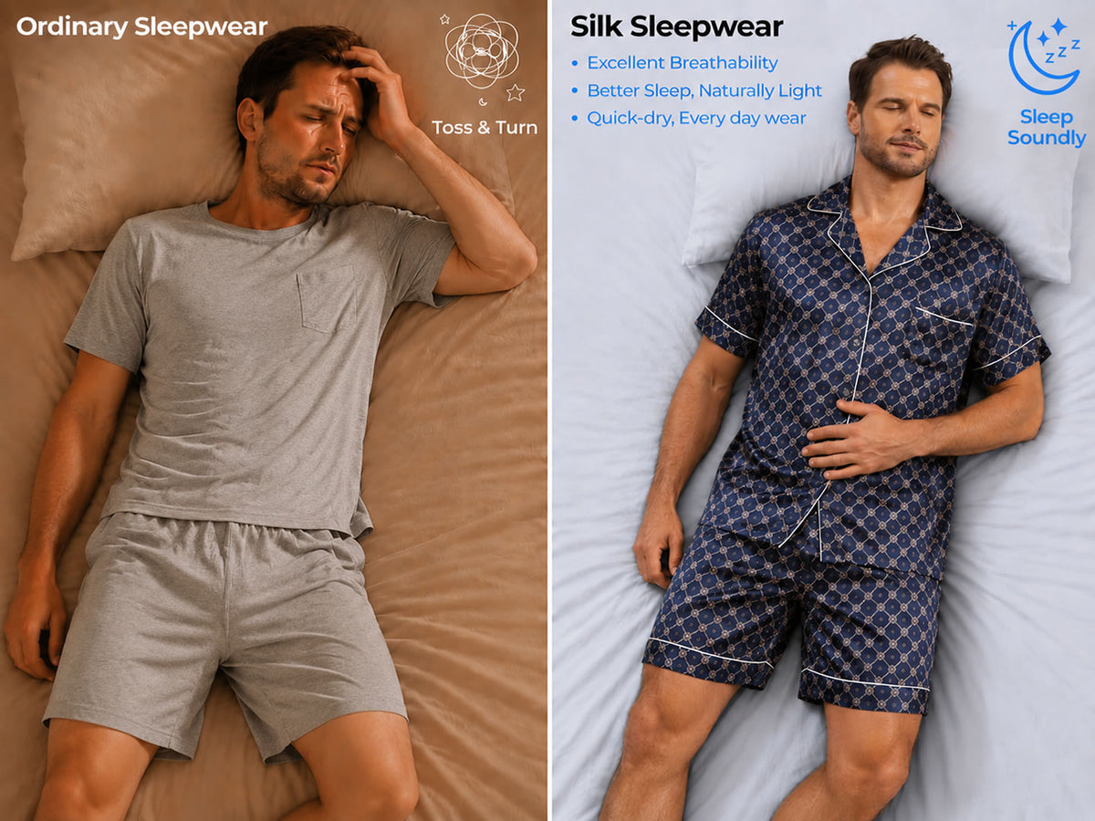 100% Mulberry Silk Short Sleeve Notch Collar Men's Chain Print Pajamas Set with Shorts - Detail 1