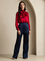 [Wine] Red silk high neck bow tie blouse with long sleeves and tailored fit 008