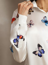 [White Butterfly] SilkSilky  Long Sleeve Lapel Collar Women's Shirts 003