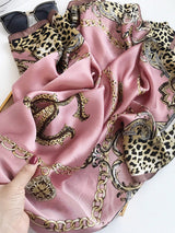 [P014] Pink mulberry silk square scarf with chain and leopard print, 88x88cm 003