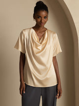 [Champagne] SilkSilky  Short Sleeve Cowl Neck Women's Blouse 001