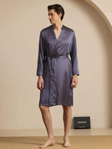 [Navy Ginkgo] Men's navy Mulberry silk knee-length robe with ginkgo print and belted wrap design 003