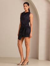 [Black] Black silk cowl neck sleeveless short dress with waist tie and asymmetric hem 006