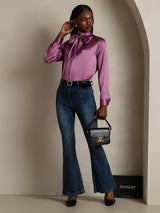[Deep Purple] Purple silk high neck bow tie blouse with long sleeves styled with jeans 009