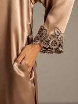 [Brown] Close-up of brown silk robe sleeve with floral lace cuff on 100% mulberry silk nightgown set 005