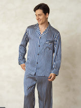 [Navy Stripe] Men's blue and white striped mulberry silk pajama set with lapel collar and long sleeves