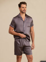 [Purple Gray] Men's 100% Mulberry Silk short sleeve notch collar pajama set in dark gray 006