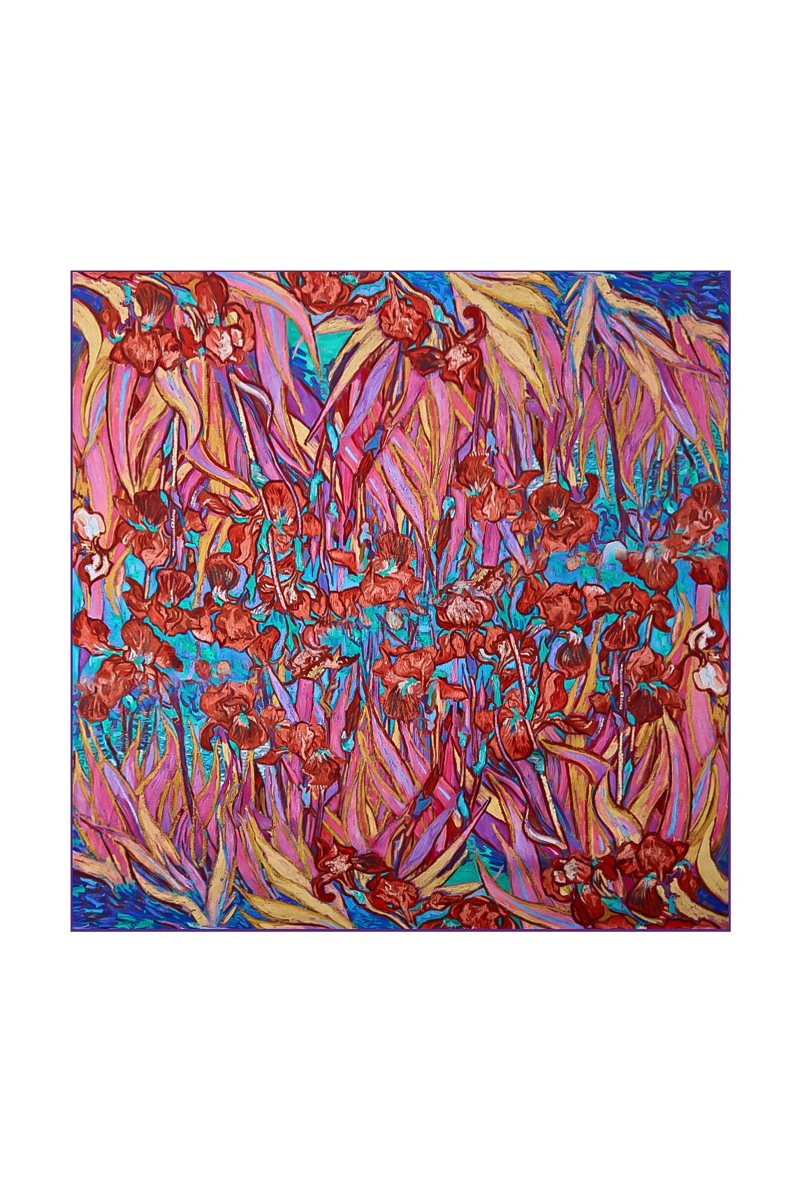 [P095] 100% Mulberry silk square scarf with red floral pattern in teal, pink, and gold 001