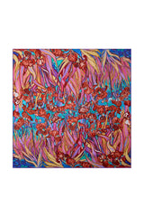 [P095] 100% Mulberry silk square scarf with red floral pattern in teal, pink, and gold 001