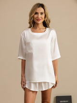 [White] White 100% mulberry silk short sleeve round neck sleep tee with chest pocket 001
