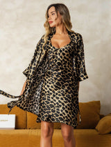 [Leopard] Leopard print 100% Mulberry silk short nightgown and matching robe on model 006