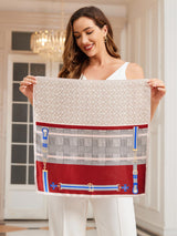 [P037] Woman holding a 100% mulberry silk printed designer square scarf with geometric and red accents 004