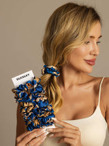 [Navy Dragon] Blue and gold mulberry silk hair scrunchies with SilkSilky card 003