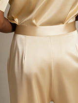 [Champagne] Champagne silk high waist wide leg pants with pleated front 005