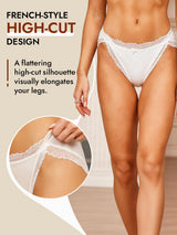 [White] White high-cut Mulberry silk bikini panty with scalloped lace trim and front bow 006