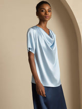 [Grayish Blue] Light blue silk cowl neck short sleeve top with loose drape 006