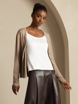 [Tan] Beige button-front cardigan, white camisole, and dark brown maxi skirt in an angled view, with the model turned. 003