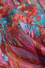 [P095] Close-up of 100% Mulberry silk square scarf with red floral pattern and blue accents 004